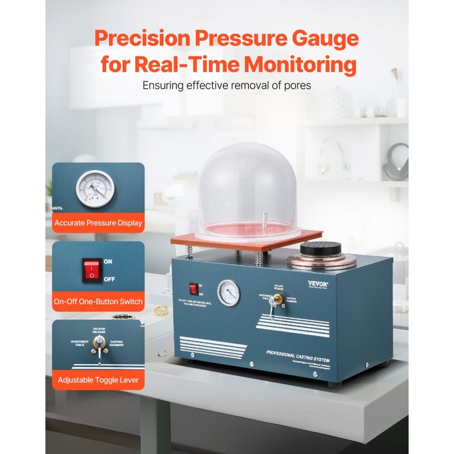 VEVOR Vacuum Investing Casting Machine, 290W Power, with 3 CFM Pump and Bell Jar, Convenient Oil Injection Port, Precision Pressure Gauge, 280x280 mm Workbench, Casting Machine for Jewelry and Metal