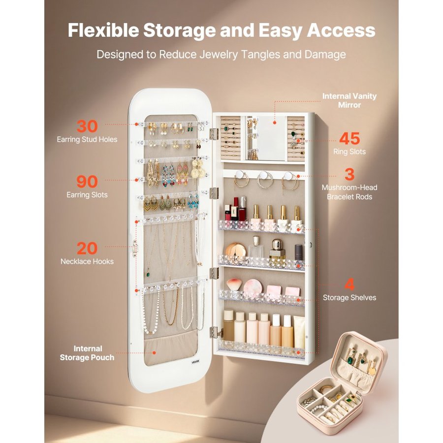 VEVOR Mirror Jewelry Cabinet, 1080 mm Tall, Full-Length Mirror with Storage, Wall Mount/Over the Door Jewelry Armoire Organizer, Rounded Design, Lockable with 2 Keys and a Travel Organizer, White