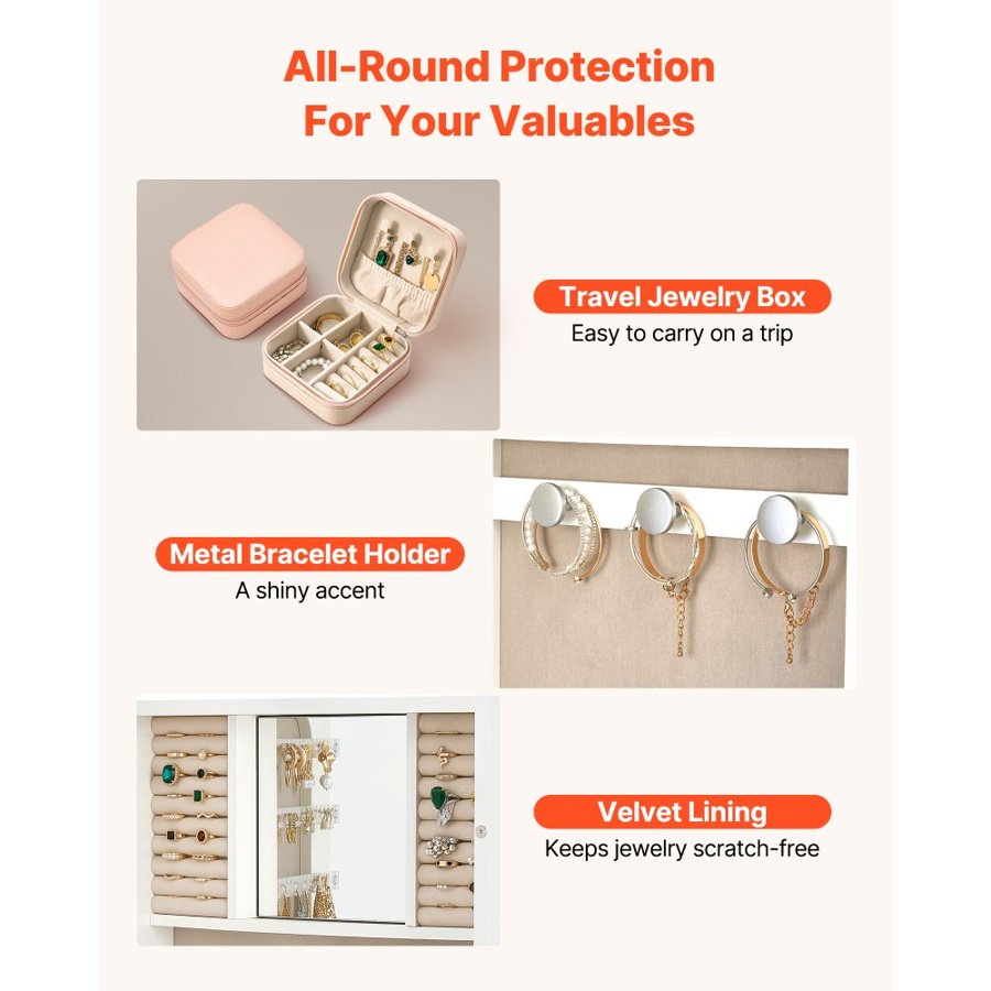 VEVOR Mirror Jewelry Cabinet, 1080 mm Tall, Full-Length Mirror with Storage, Wall Mount/Over the Door Jewelry Armoire Organizer, Rounded Design, Lockable with 2 Keys and a Travel Organizer, White
