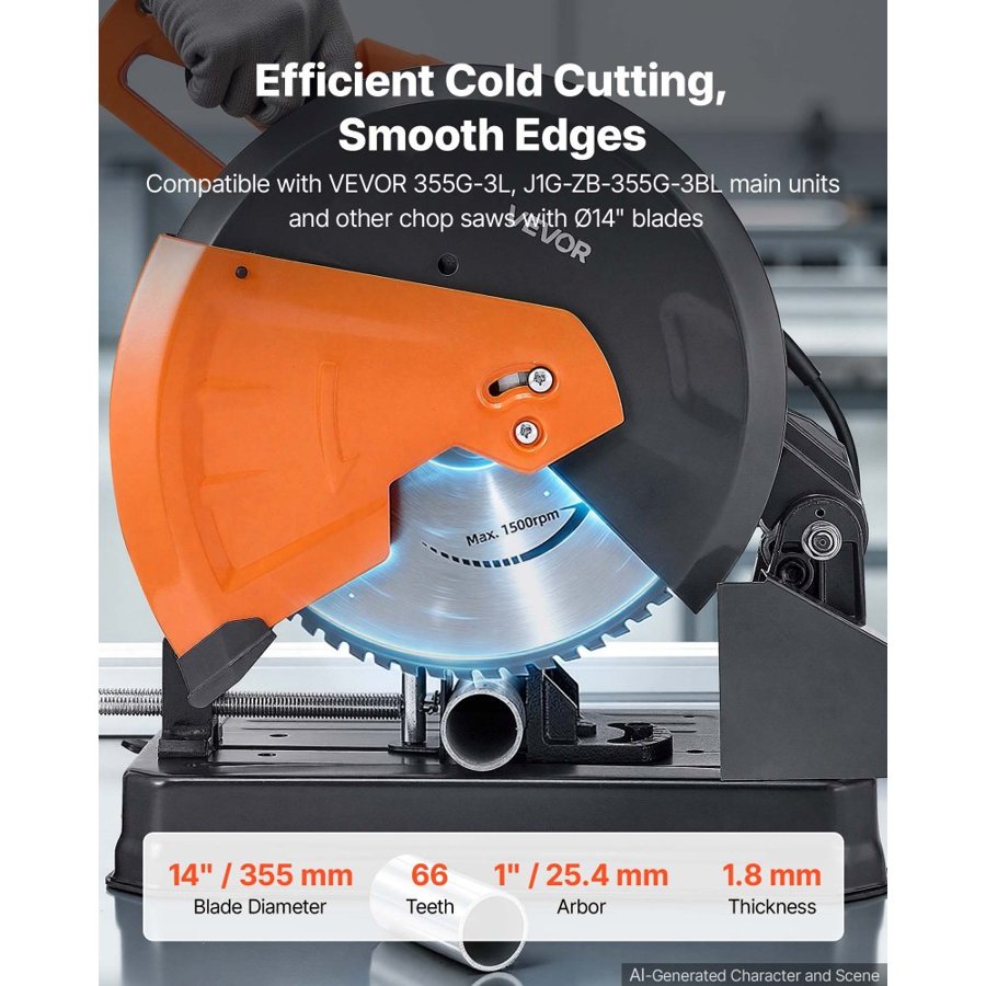 VEVOR Chop Saw Blade 355.6mm 66 Teeth Cermet-Tipped Metal Cold Cutting Blade, Compatible with Chop Saws, 4000 Cuts, Cutting Smooth Surfaces with No Burrs, Noise Reduction and Heat Dissipation Holes