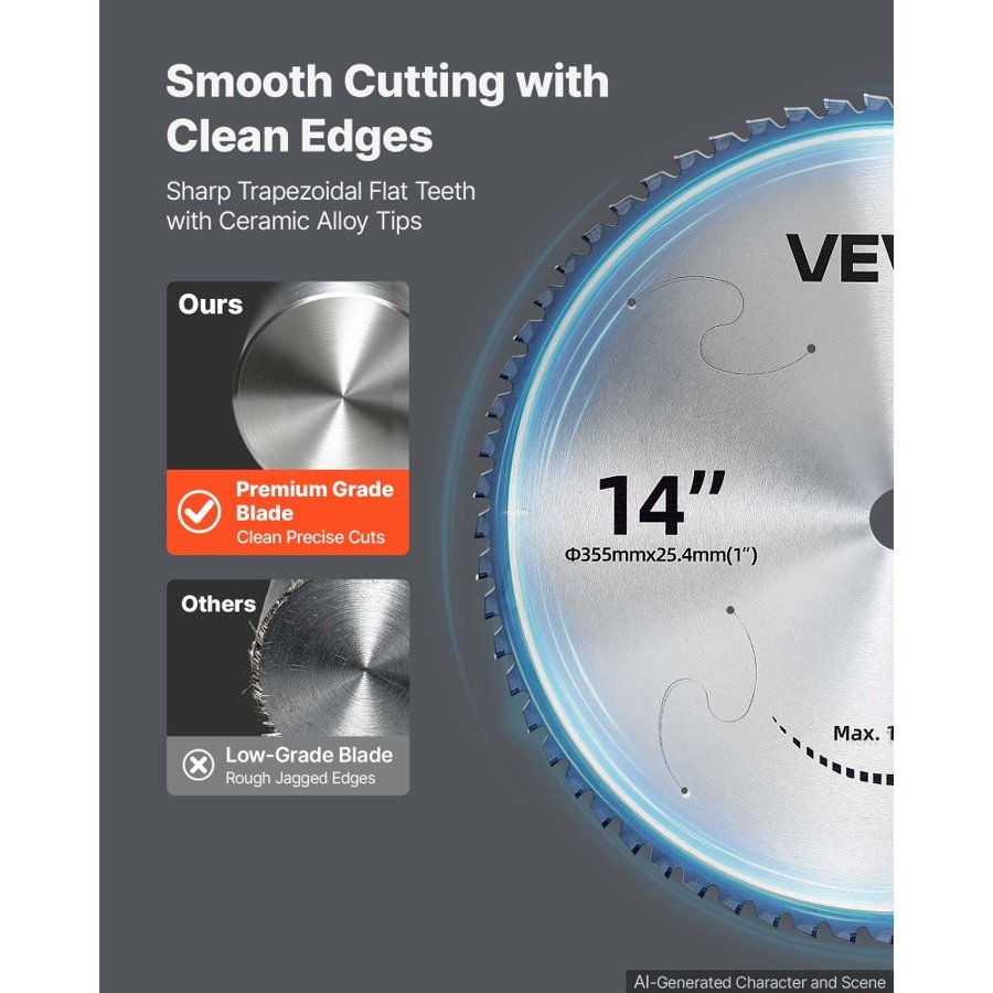 VEVOR Chop Saw Blade 355.6mm 66 Teeth Cermet-Tipped Metal Cold Cutting Blade, Compatible with Chop Saws, 4000 Cuts, Cutting Smooth Surfaces with No Burrs, Noise Reduction and Heat Dissipation Holes