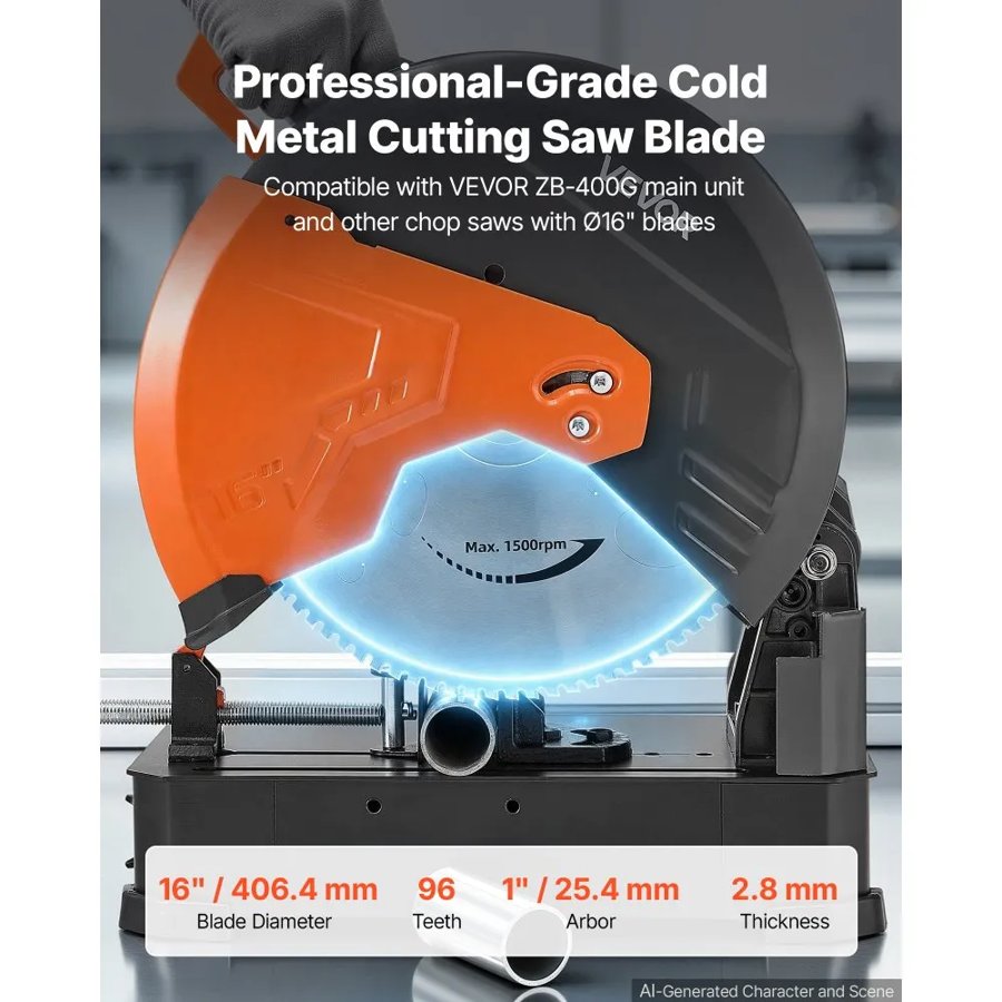 VEVOR Chop Saw Blade 406.4mm 96 Teeth Cermet-Tipped Metal Cold Cutting Blade, Compatible with Chop Saws, 4000 Cuts, Cutting Smooth Surfaces with No Burrs, Noise Reduction and Heat Dissipation Holes