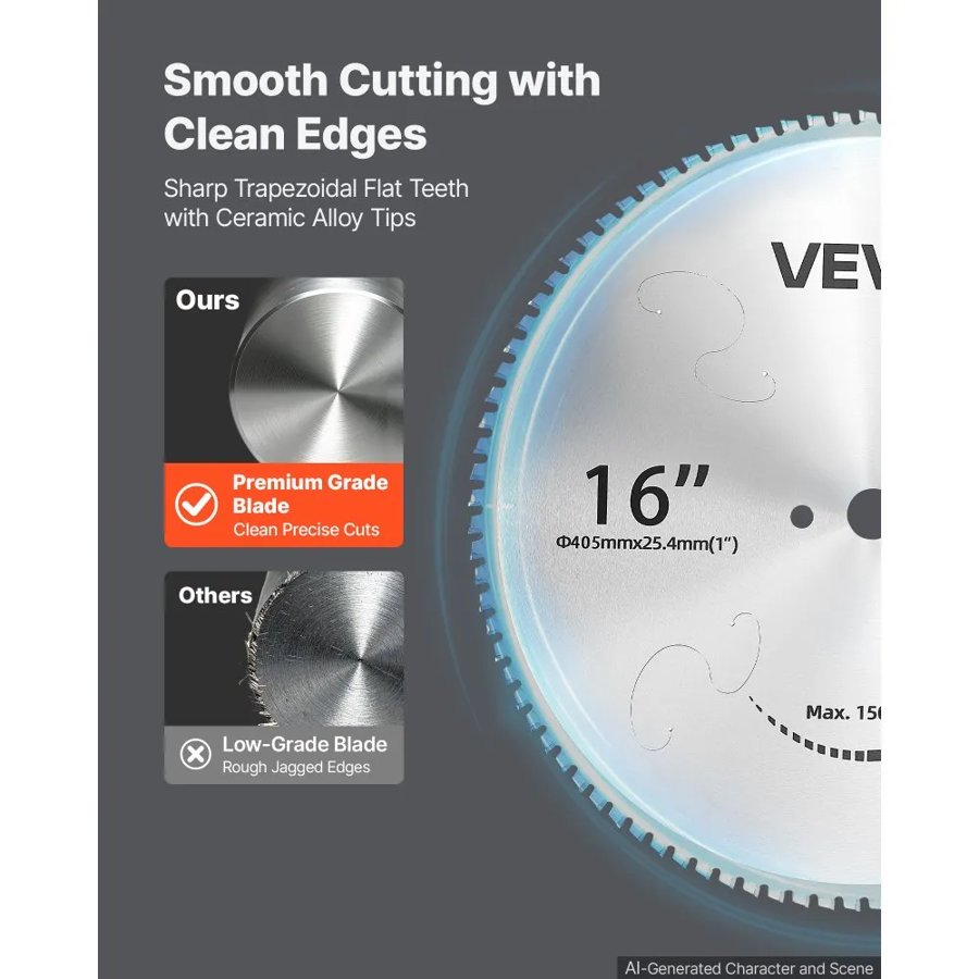 VEVOR Chop Saw Blade 406.4mm 96 Teeth Cermet-Tipped Metal Cold Cutting Blade, Compatible with Chop Saws, 4000 Cuts, Cutting Smooth Surfaces with No Burrs, Noise Reduction and Heat Dissipation Holes