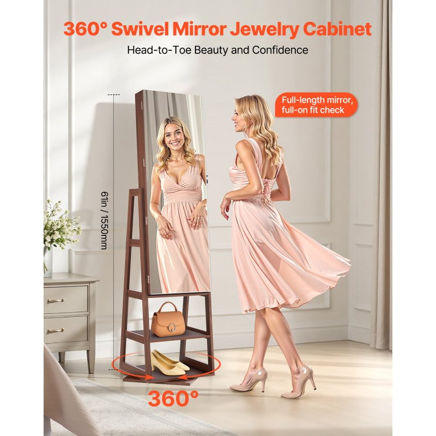 VEVOR 360° Swivel Jewelry Cabinet, 1550 mm Tall, Full-Length Mirror with Storage, Standing Rotatable Jewelry Armoire Organizer, Lockable Door with 2 Keys, Accessory Pouches, and Storage Shelves