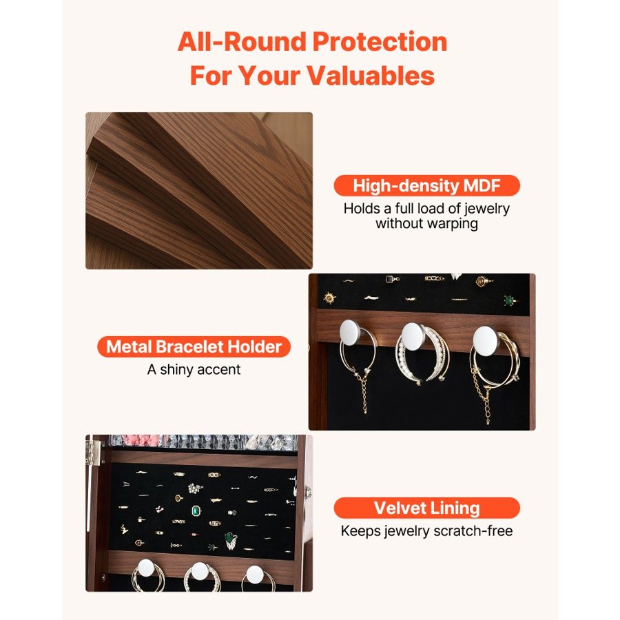 VEVOR 360° Swivel Jewelry Cabinet, 1550 mm Tall, Full-Length Mirror with Storage, Standing Rotatable Jewelry Armoire Organizer, Lockable Door with 2 Keys, Accessory Pouches, and Storage Shelves