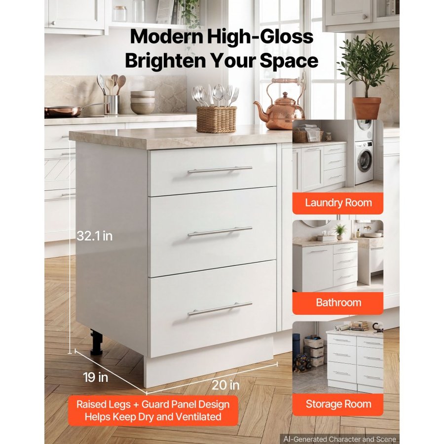 VEVOR White Shaker Base Cabinet Ready to Assemble 50cmW Unassembled Cabinet, 500x475x815 mm(W x D x H), with 3 Drawers, Soft-Close Hardware, Fine Edge Banding, for Home, Office, and Laundry Room