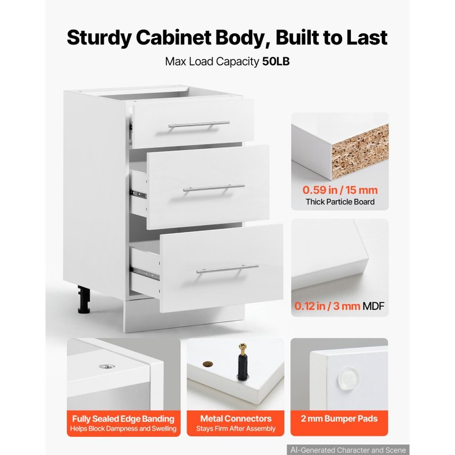 VEVOR White Shaker Base Cabinet Ready to Assemble 50cmW Unassembled Cabinet, 500x475x815 mm(W x D x H), with 3 Drawers, Soft-Close Hardware, Fine Edge Banding, for Home, Office, and Laundry Room