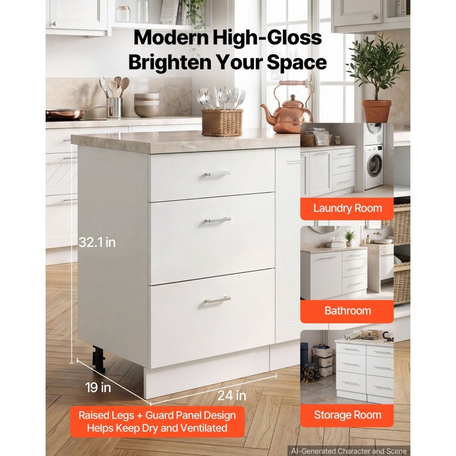 VEVOR White Shaker Base Cabinet Ready to Assemble 60cmW Unassembled Cabinet, 600x475x815 mm(W x D x H), with 3 Drawers, Smooth Slide Rail, for Home, Office, and Laundry Room