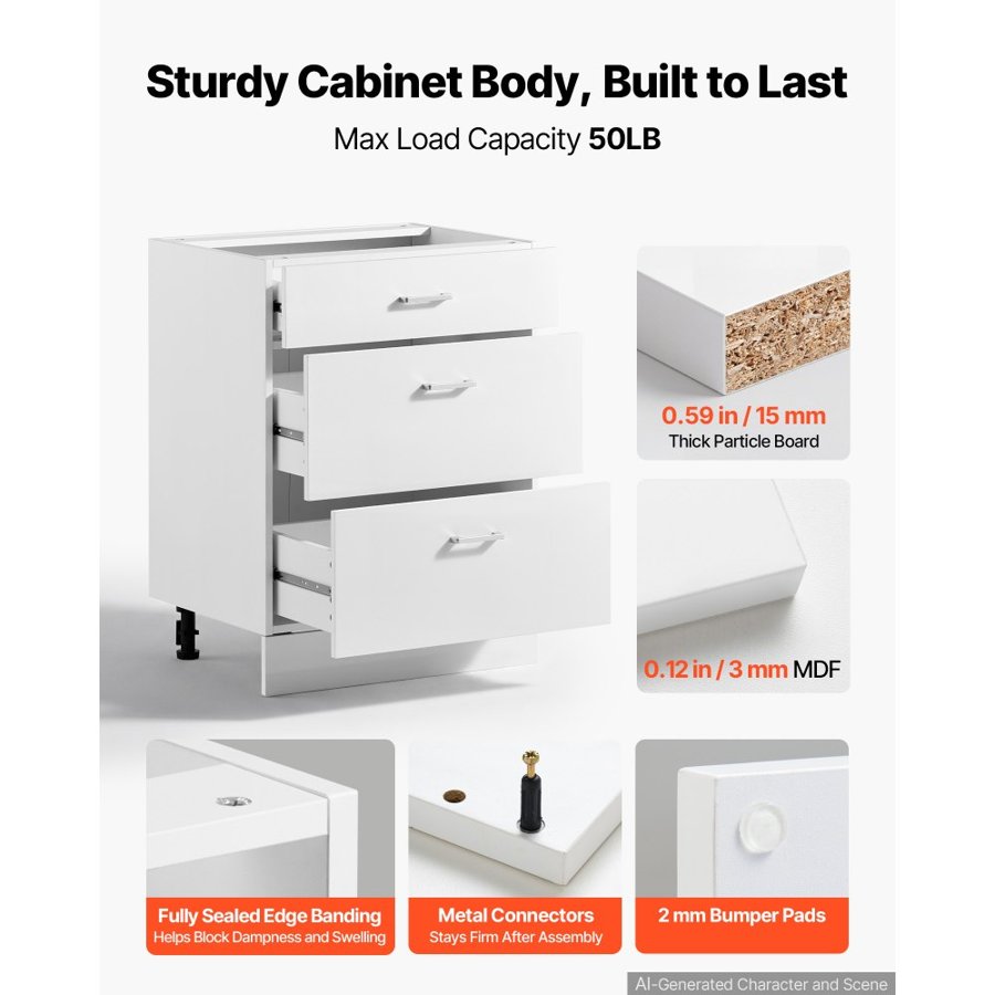 VEVOR White Shaker Base Cabinet Ready to Assemble 60cmW Unassembled Cabinet, 600x475x815 mm(W x D x H), with 3 Drawers, Smooth Slide Rail, for Home, Office, and Laundry Room