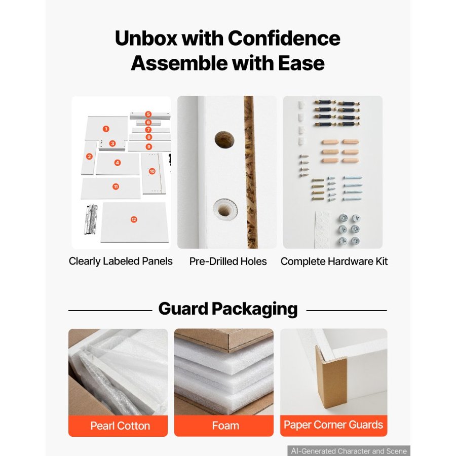 VEVOR White Shaker Base Cabinet Ready to Assemble 60cmW Unassembled Cabinet, 600x475x815 mm(W x D x H), with 3 Drawers, Smooth Slide Rail, for Home, Office, and Laundry Room