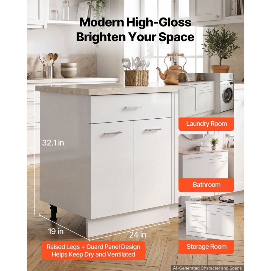 VEVOR White Shaker Base Cabinet Ready to Assemble 60cmW Unassembled Cabinet, 600x475x815 mm(W x D x H), with 2 Doors, 1 Drawers, Adjustable Shelf, Soft-Close Hardware, for Home, Office, Laundry Room