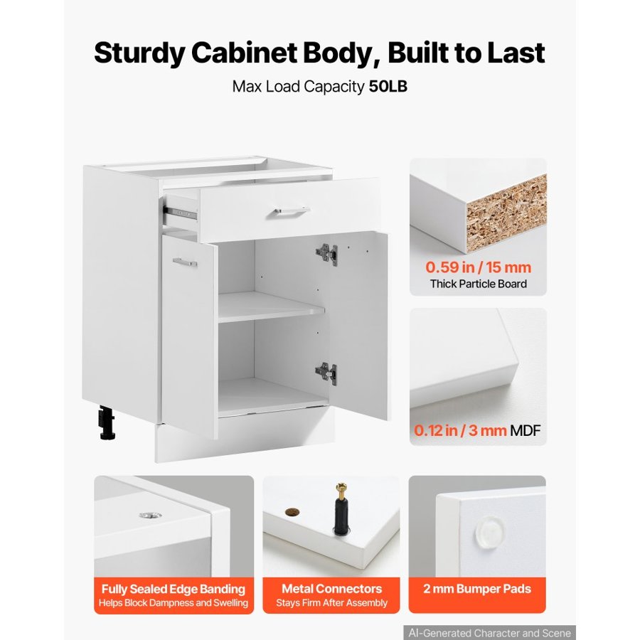 VEVOR White Shaker Base Cabinet Ready to Assemble 60cmW Unassembled Cabinet, 600x475x815 mm(W x D x H), with 2 Doors, 1 Drawers, Adjustable Shelf, Soft-Close Hardware, for Home, Office, Laundry Room