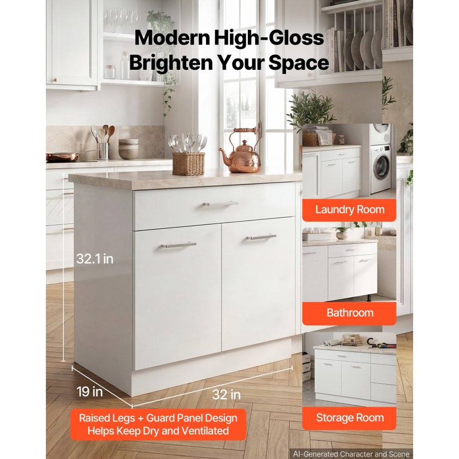 VEVOR White Shaker Base Cabinet Ready to Assemble 80cmW Unassembled Cabinet, 800x475x815 mm(W x D x H), with 2 Doors, 1 Drawers, Adjustable Shelf, Soft-Close Hardware, for Home, Office, Laundry Room