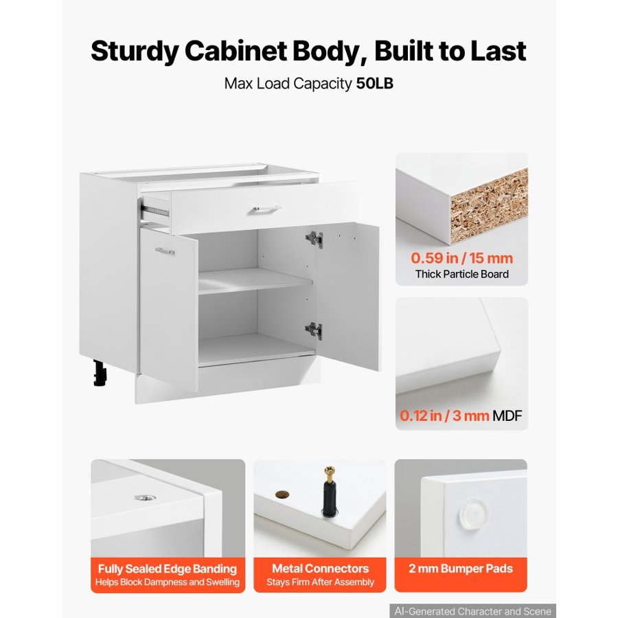 VEVOR White Shaker Base Cabinet Ready to Assemble 80cmW Unassembled Cabinet, 800x475x815 mm(W x D x H), with 2 Doors, 1 Drawers, Adjustable Shelf, Soft-Close Hardware, for Home, Office, Laundry Room