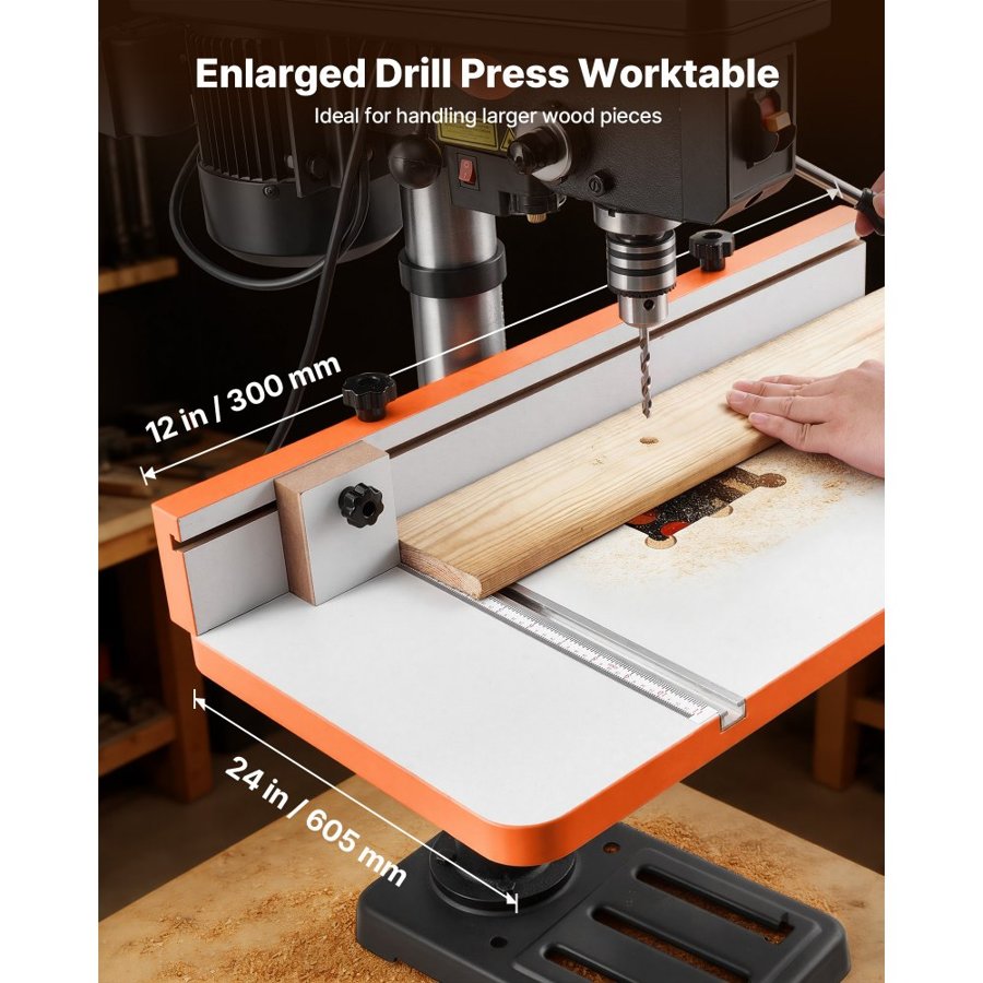 VEVOR Drill Press Table, 605 x 300 mm, Worktable with an Adjustable Fence and Stop Block, Highly Compatible T-Slots, MDF Tabletop, Built-In Scale, Support Multiple Clamps and Vises, for Drill Presses