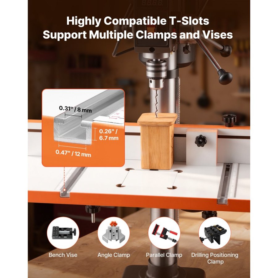 VEVOR Drill Press Table, 605 x 300 mm, Worktable with an Adjustable Fence and Stop Block, Highly Compatible T-Slots, MDF Tabletop, Built-In Scale, Support Multiple Clamps and Vises, for Drill Presses