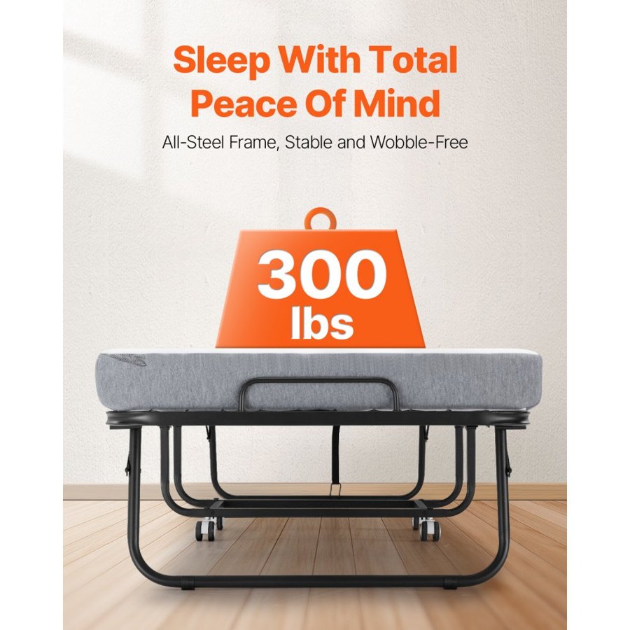 VEVOR Rollaway Bed, 31 in x 75 in Folding Bed with 4 in Mattress, Twin Size Foldable Bed with Sturdy Metal Frame & Memory Foam Mattress, Portable Twin Roll Away Bed with Mattress, for Adults, Guest