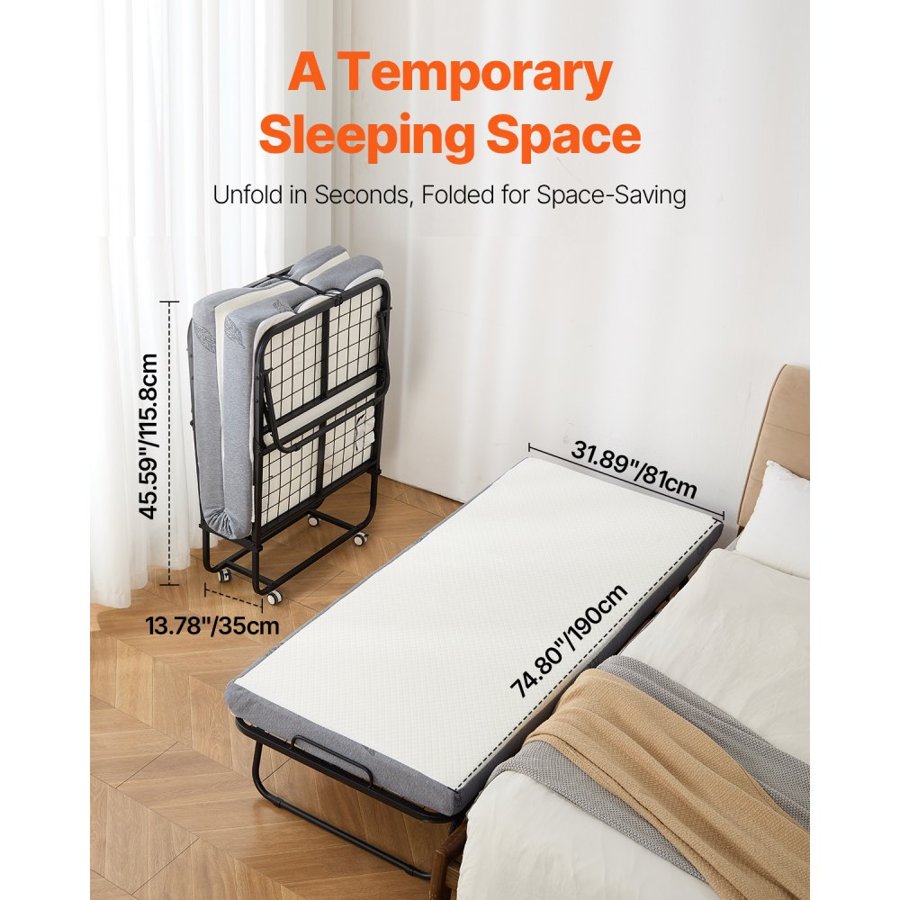 VEVOR Rollaway Bed, 31 in x 75 in Folding Bed with 5 in Mattress, Twin Size Foldable Bed with Sturdy Metal Frame & Memory Foam Mattress, Portable Twin Roll Away Bed with Mattress, for Adults, Guest