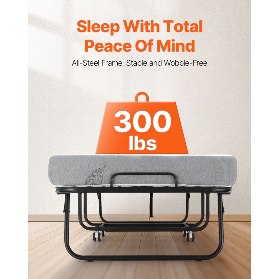 VEVOR Rollaway Bed, 31 in x 75 in Folding Bed with 5 in Mattress, Twin Size Foldable Bed with Sturdy Metal Frame & Memory Foam Mattress, Portable Twin Roll Away Bed with Mattress, for Adults, Guest