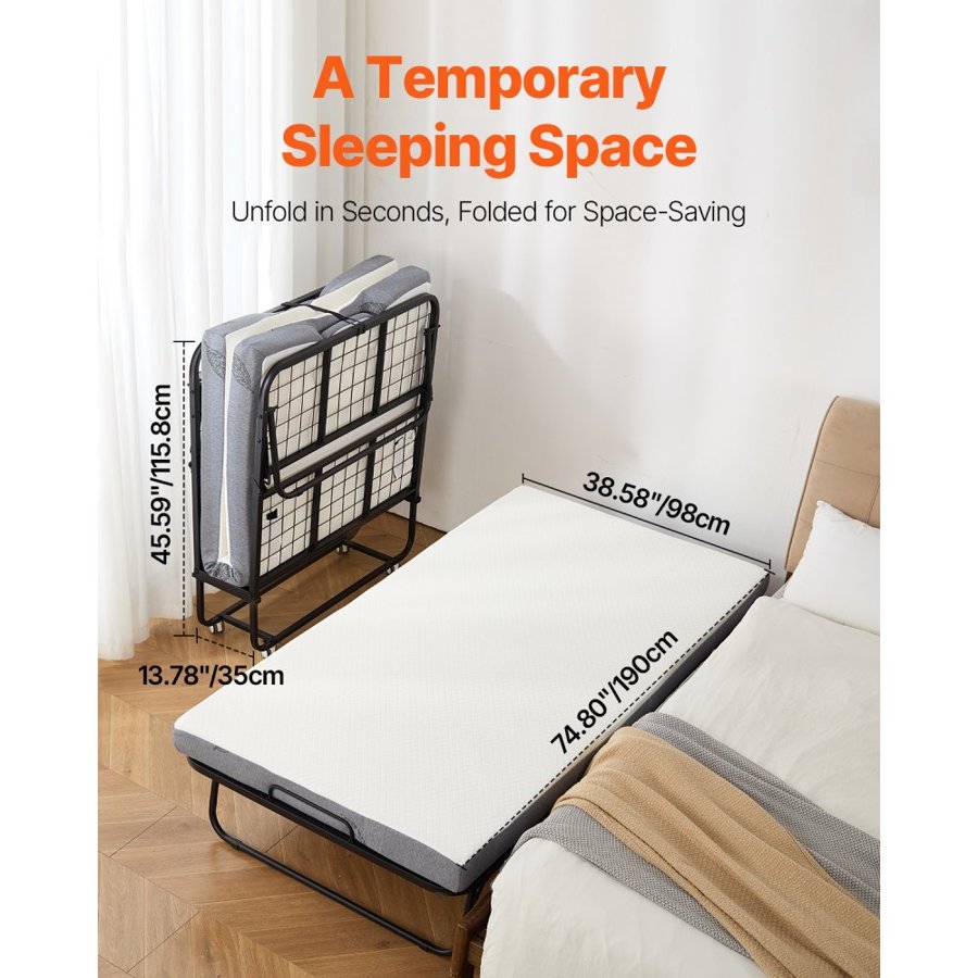 VEVOR Rollaway Bed, 38 in x 75 in Folding Bed with 4 in Mattress, Twin Size Foldable Bed with Sturdy Metal Frame & Memory Foam Mattress, Portable Twin Roll Away Bed with Mattress, for Adults, Guest