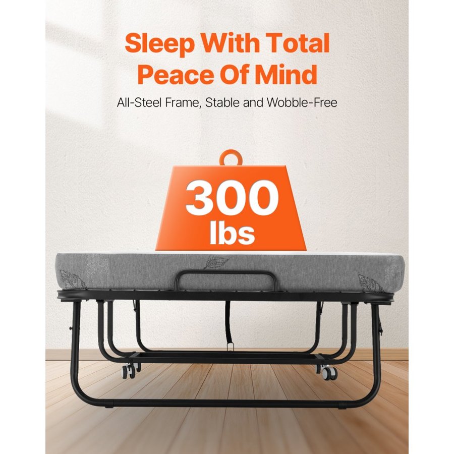 VEVOR Rollaway Bed, 38 in x 75 in Folding Bed with 4 in Mattress, Twin Size Foldable Bed with Sturdy Metal Frame & Memory Foam Mattress, Portable Twin Roll Away Bed with Mattress, for Adults, Guest