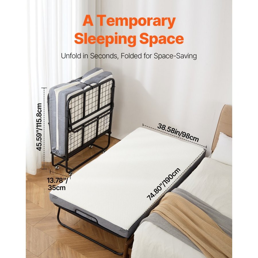 VEVOR Rollaway Bed, 38 in x 75 in Folding Bed with 5 in Mattress, Twin Size Foldable Bed with Sturdy Metal Frame & Memory Foam Mattress, Portable Twin Roll Away Bed with Mattress, for Adults, Guest
