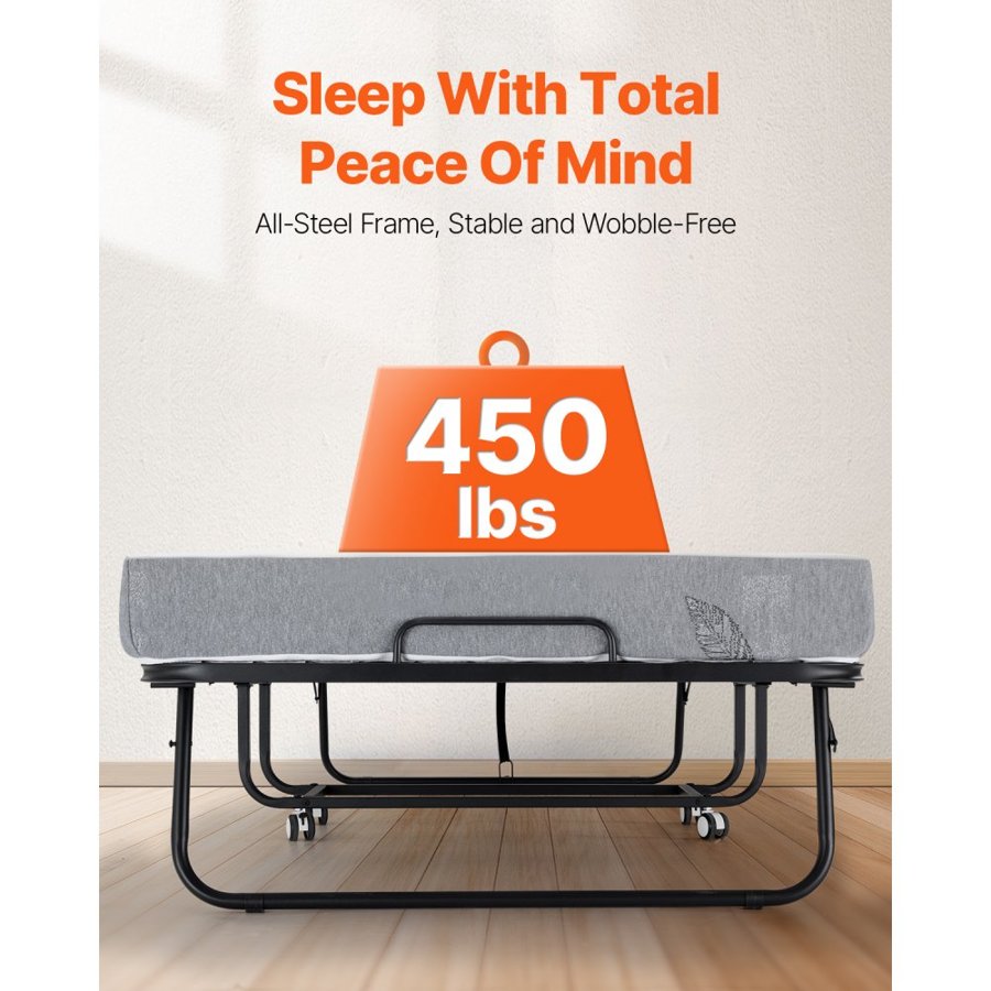 VEVOR Rollaway Bed, 38 in x 75 in Folding Bed with 5 in Mattress, Twin Size Foldable Bed with Sturdy Metal Frame & Memory Foam Mattress, Portable Twin Roll Away Bed with Mattress, for Adults, Guest