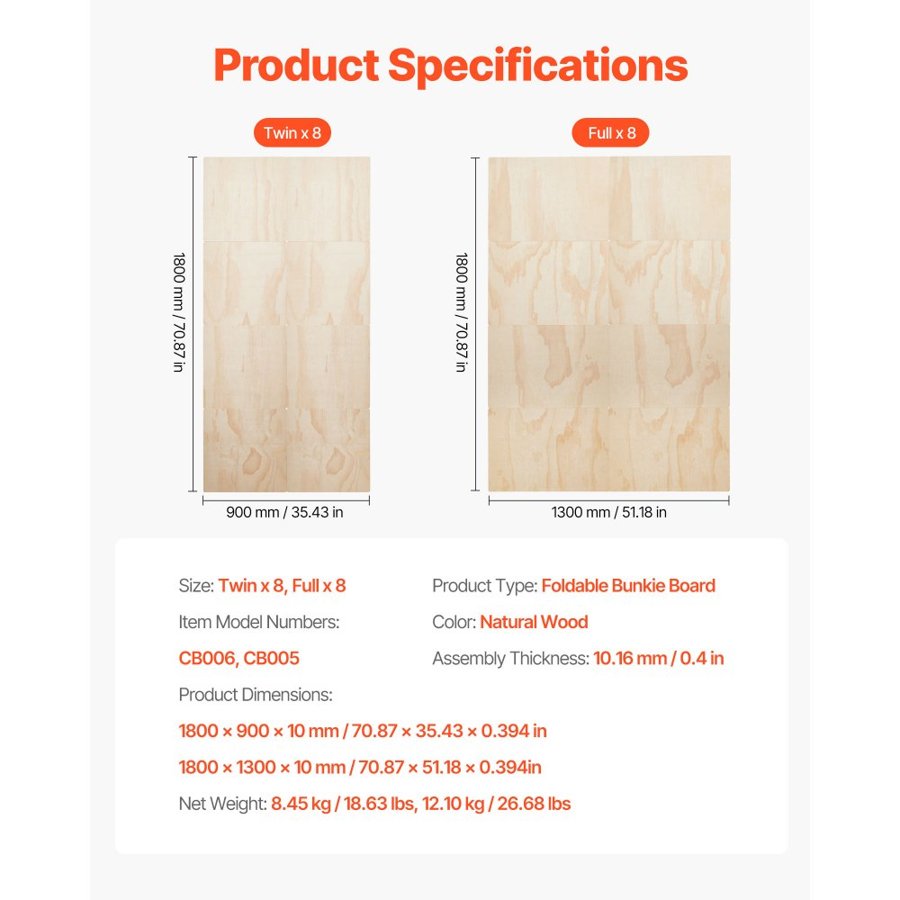 VEVOR Twin Size Bunkie Board, 10 mm Foldable Bed Board Slats with Connection, Wooden Mattress Support for Twin Size Bed, Support under Mattress Boards, Ready to Use, 8 Piece, Burlywood