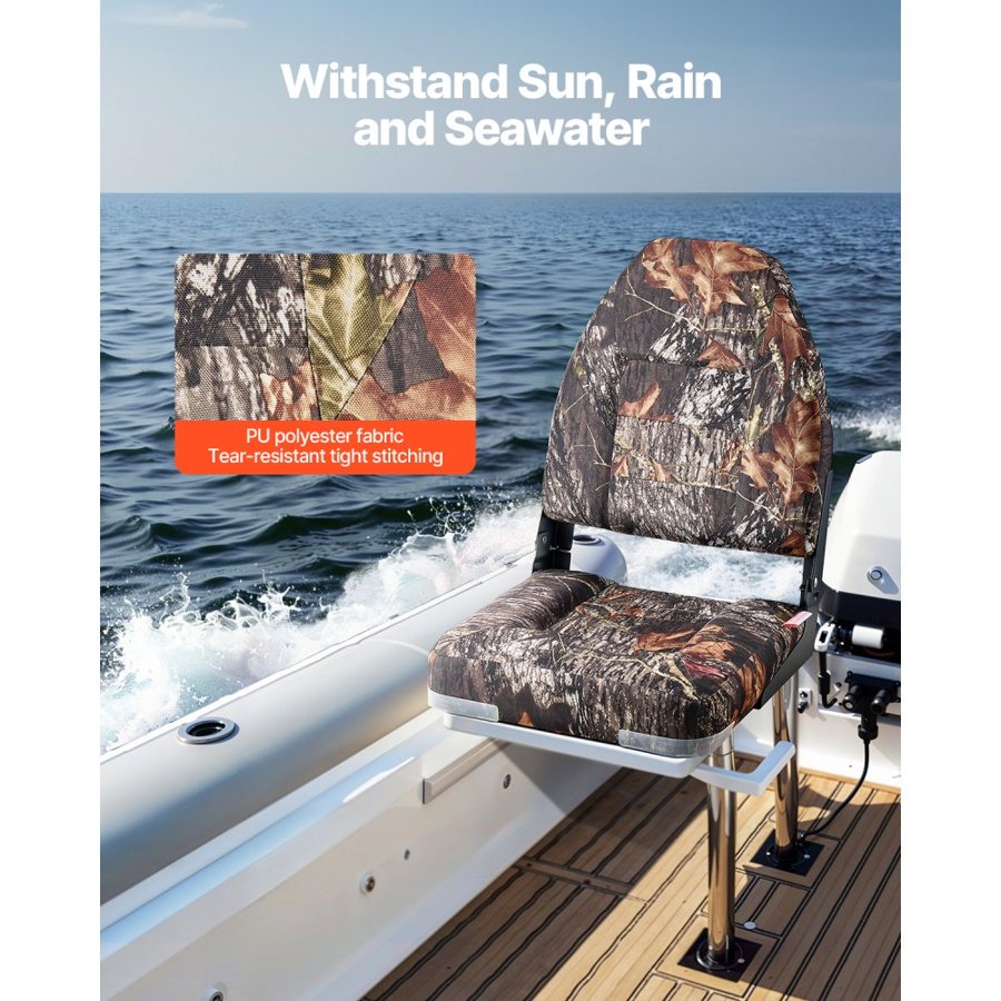 VEVOR Boat Seat, High Backrest, Folding Fishing Boat Seat with Thickened Sponge Cushion & PU Polyester Fabric, Aluminum Alloy Hinges, Flip Up Boat Seat for Boats, Yachts, Ships, Camouflage (2 Seats)