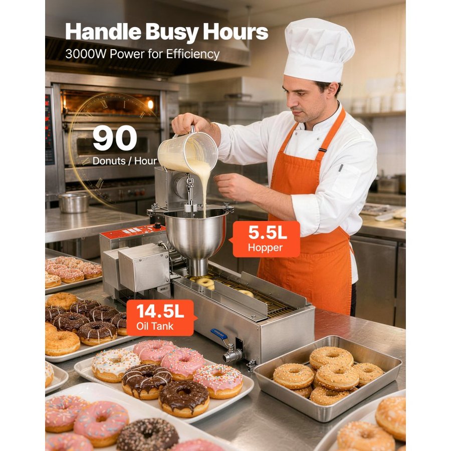VEVOR Commercial Automatic Donuts Machine, Single Row Donuts Making Equipment, 90 pcs/hour Electric High Power Doughnut Maker, Stainless Steel Frying Auto Fryer, with 3 Size Molds, Auto Counting