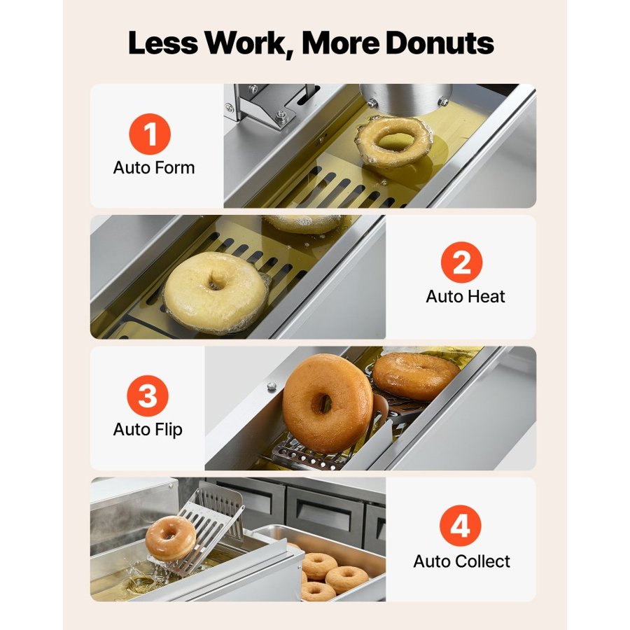 VEVOR Commercial Automatic Donuts Machine, Single Row Donuts Making Equipment, 90 pcs/hour Electric High Power Doughnut Maker, Stainless Steel Frying Auto Fryer, with 3 Size Molds, Auto Counting