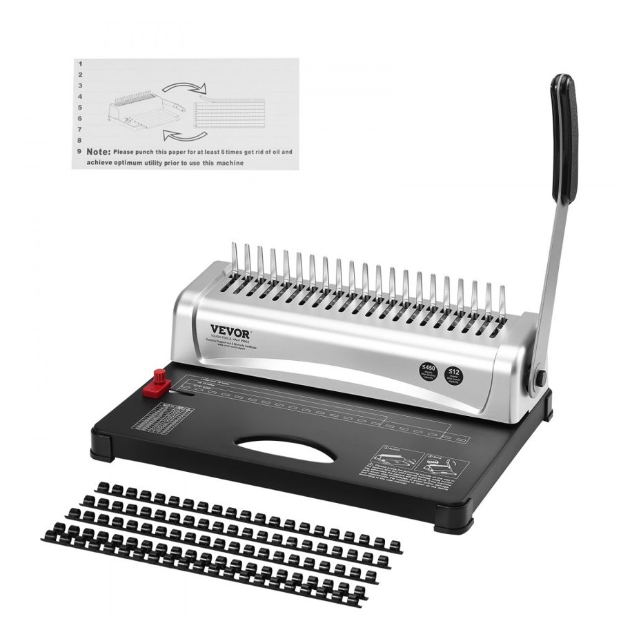 VEVOR Binding Machine, Comb Binding Machine 21-Holes Binding 450 Sheets, Book Binder Machine with 100 PCS 9.53 mm Comb Binding Spines, for Letter Size, A4, A5