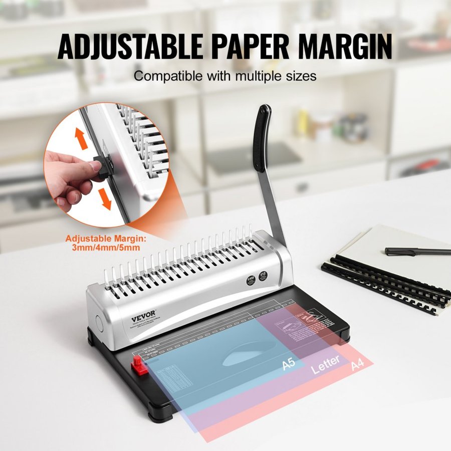 VEVOR Binding Machine, Comb Binding Machine 21-Holes Binding 450 Sheets, Book Binder Machine with 100 PCS 9.53 mm Comb Binding Spines, for Letter Size, A4, A5