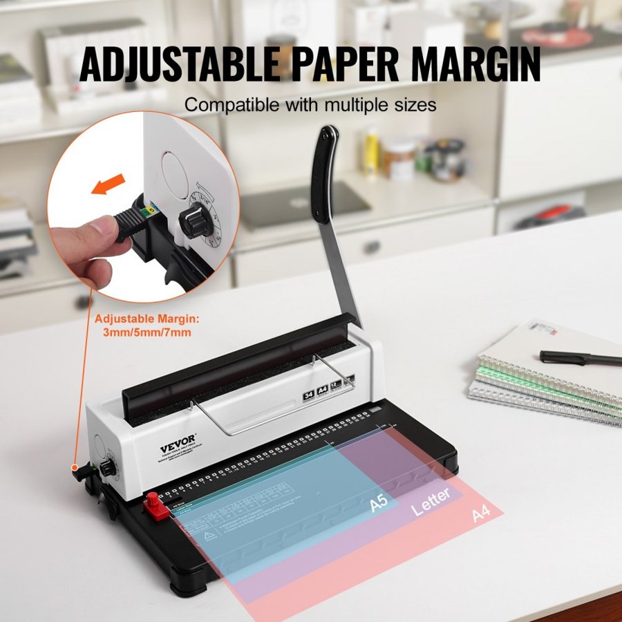 VEVOR Coil Spiral Binding Machine, Manual Book Maker 34-Holes Binding 120 Sheets, Punch Binder Adjustable 4.76 mm - 14.29 mm Coil Binding Spines, for Letter Size, A4, A5.