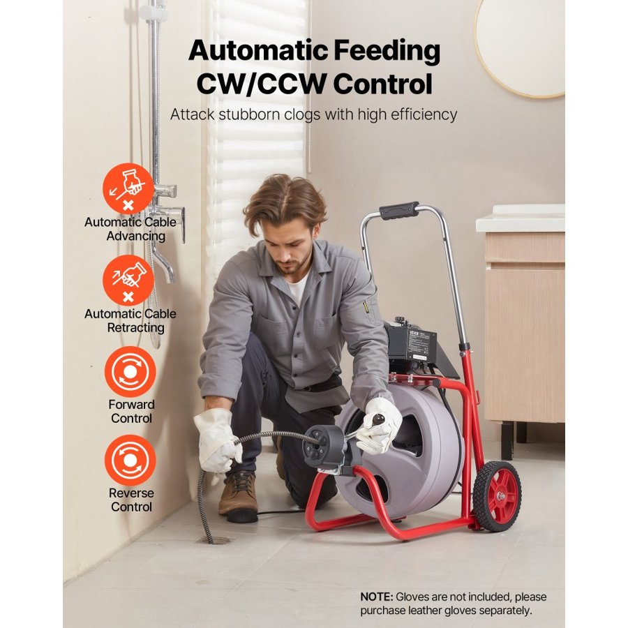 VEVOR Drain Cleaner Machine 22m x 9.5mm, Auto Feed Sewer Snake Drain Auger on Wheels, Portable Drain Cleaning Machine with 8 Cutters & Air-Activated Foot Switch for 50mm to 100mm Pipes