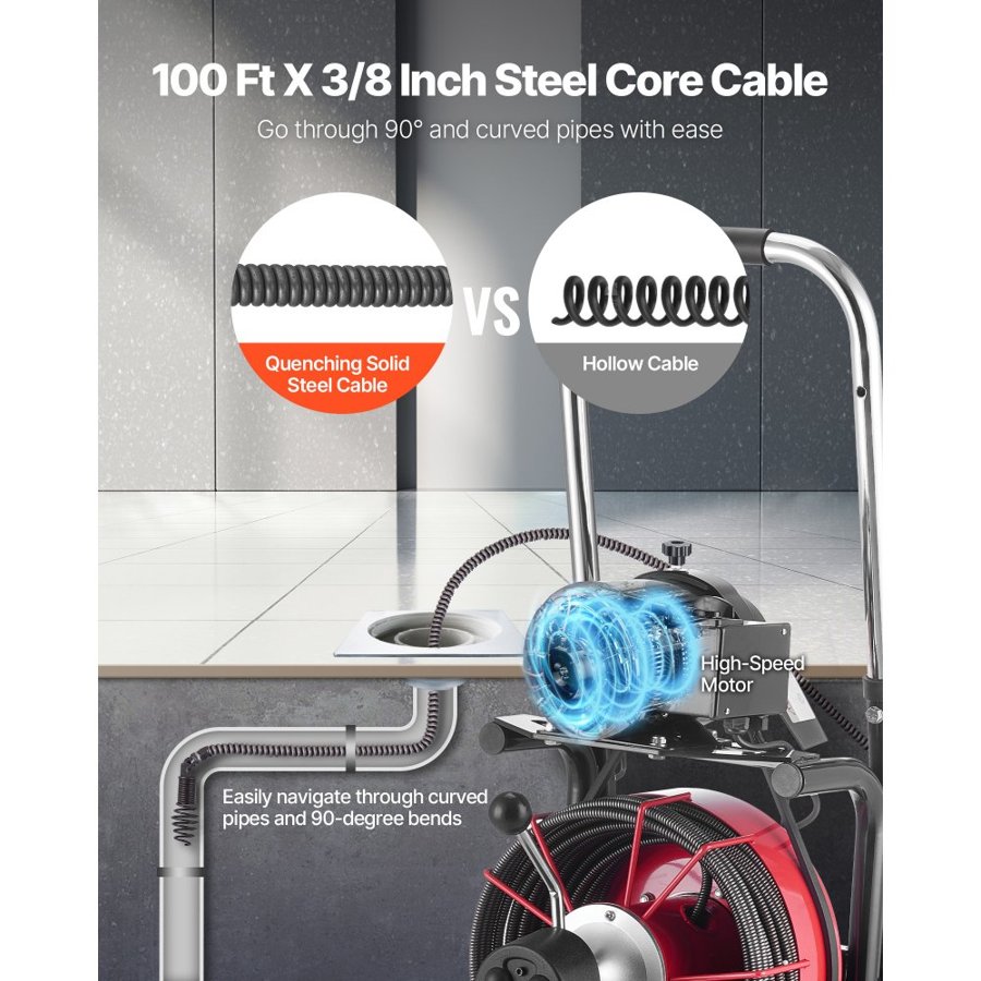 VEVOR Drain Cleaner Machine 30m x 10.5mm, Auto Feed Sewer Snake Auger on Wheels - with 8 Cutters & Air-Activated Foot Switch for 50mm to 100mm Pipes