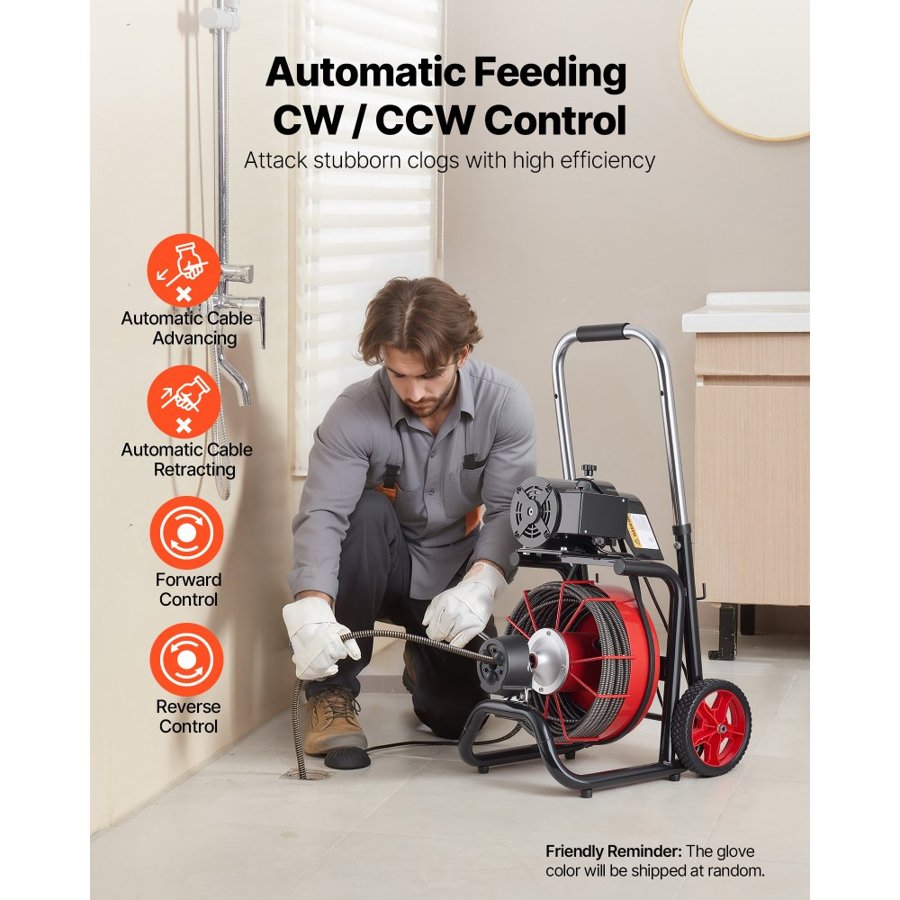 VEVOR Drain Cleaner Machine 30m x 13mm, Auto Feed Sewer Snake Auger on Wheels - with 8 Cutters & Air-Activated Foot Switch for 50mm to 150mm Pipes