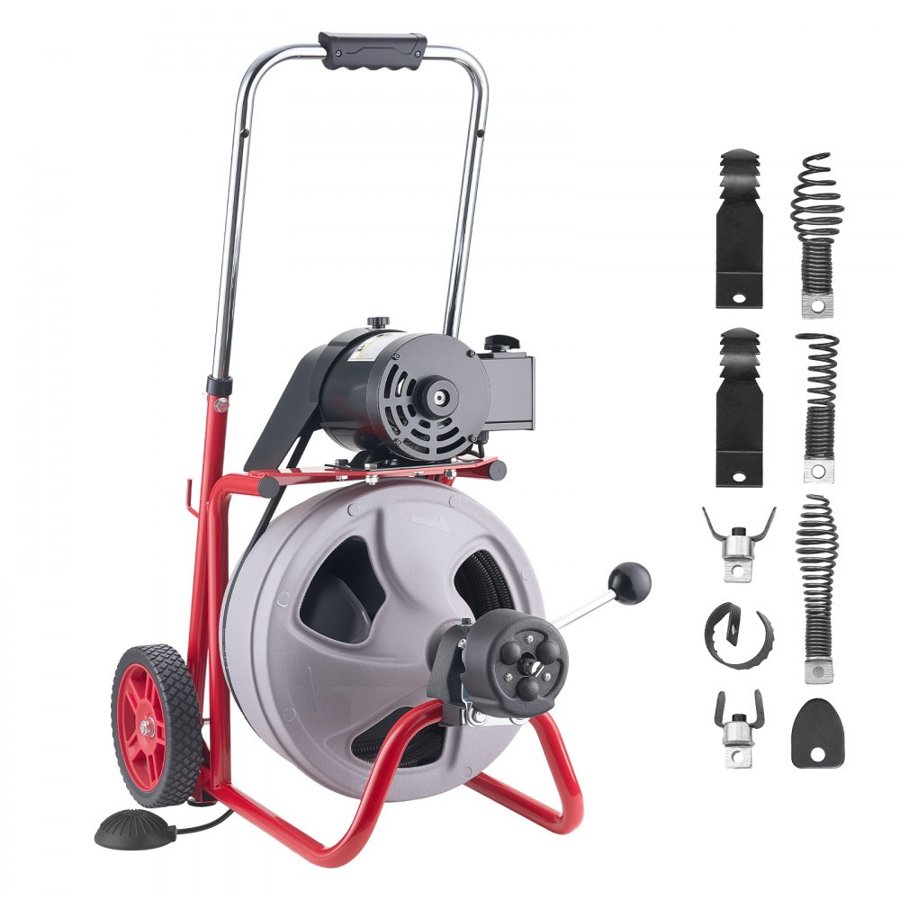 VEVOR Drain Cleaner Machine 30m x 9.5mm, Auto Feed Sewer Snake Drain Auger on Wheels, Portable Drain Cleaning Machine with 8 Cutters & Air-Activated Foot Switch for 50mm to 100mm Pipes