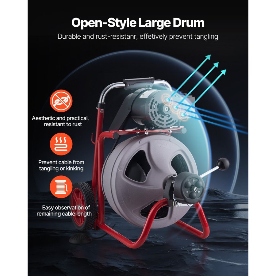 VEVOR Drain Cleaner Machine 30m x 9.5mm, Auto Feed Sewer Snake Drain Auger on Wheels, Portable Drain Cleaning Machine with 8 Cutters & Air-Activated Foot Switch for 50mm to 100mm Pipes