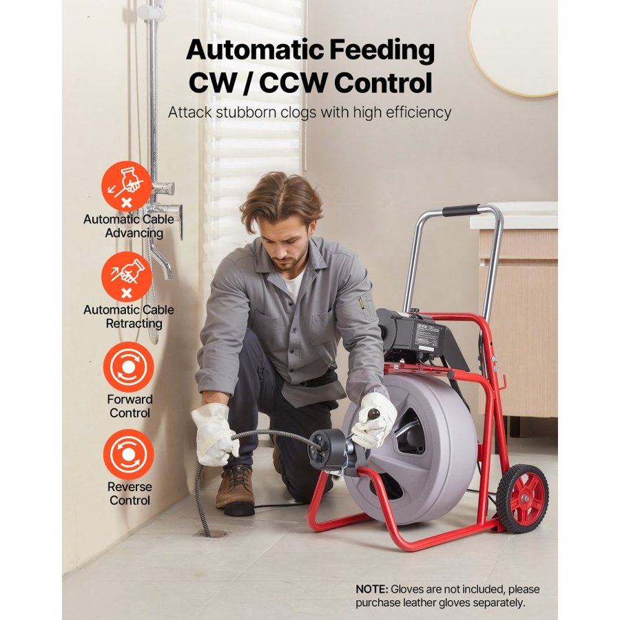 VEVOR Drain Cleaner Machine 30m x 13mm, Auto Feed Sewer Snake Drain Auger on Wheels, Portable Drain Cleaning Machine with 8 Cutters & Air-Activated Foot Switch for 50mm to 150mm Pipes