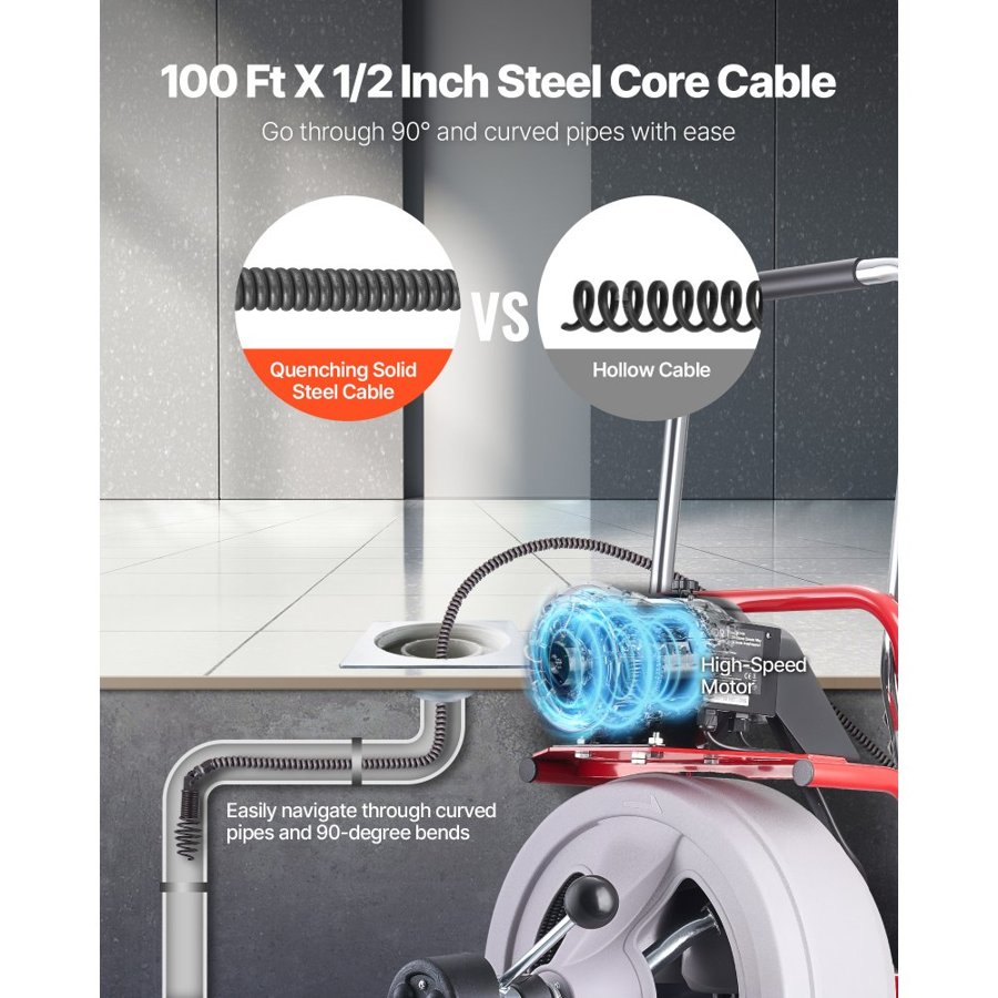 VEVOR Drain Cleaner Machine 30m x 13mm, Auto Feed Sewer Snake Drain Auger on Wheels, Portable Drain Cleaning Machine with 8 Cutters & Air-Activated Foot Switch for 50mm to 150mm Pipes