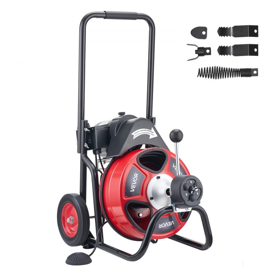 VEVOR Drain Cleaner Machine 22m x 13mm, Auto Feed Sewer Snake Auger on Wheels, Portable Drain Cleaning Machine with 4 Cutters & Air-activated Foot Switch for 50mm to 150mm Pipes