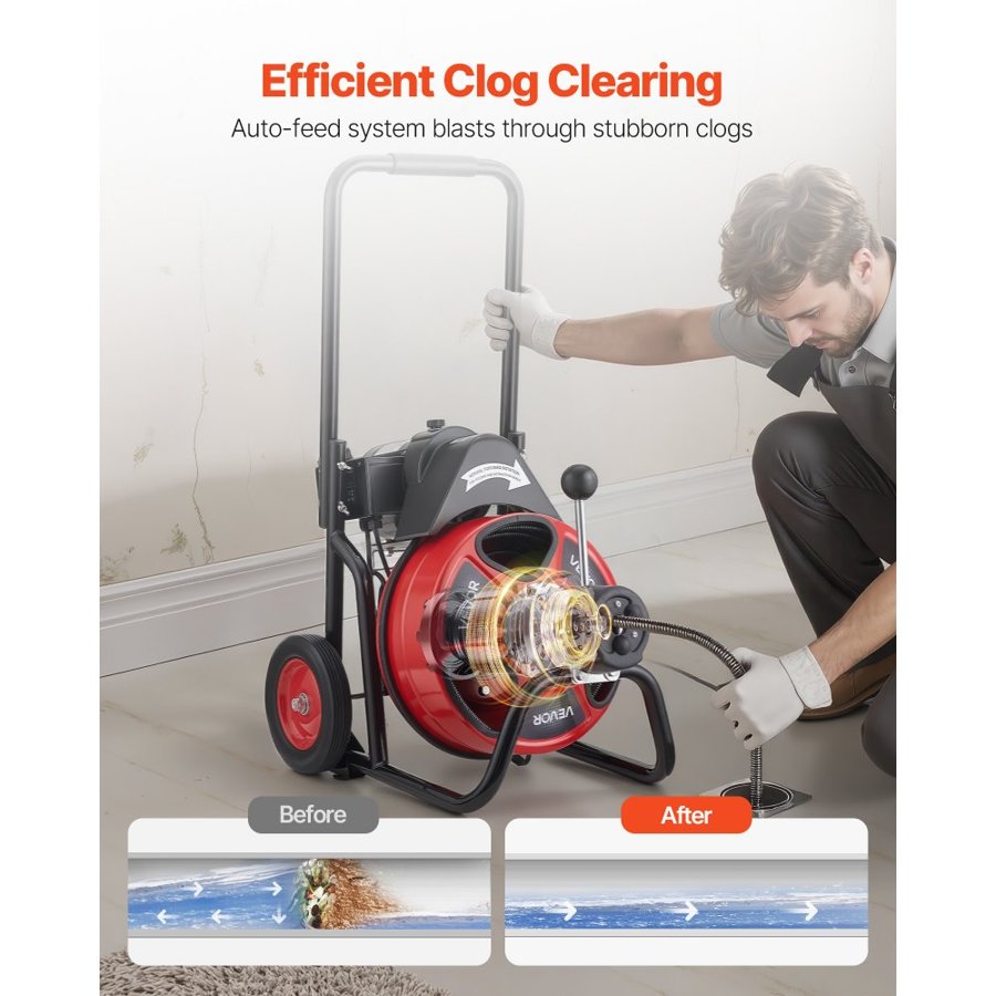 VEVOR Drain Cleaner Machine 22m x 13mm, Auto Feed Sewer Snake Auger on Wheels, Portable Drain Cleaning Machine with 4 Cutters & Air-activated Foot Switch for 50mm to 150mm Pipes