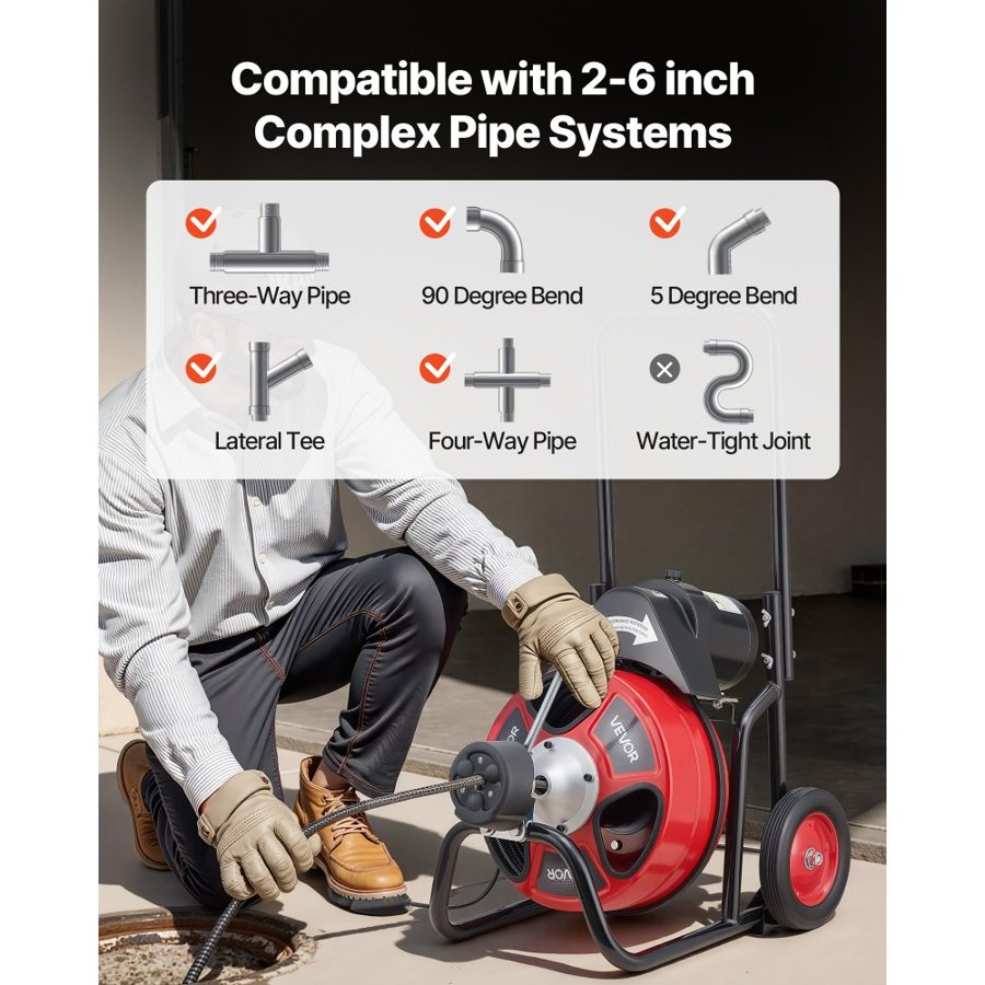 VEVOR Drain Cleaner Machine 22m x 13mm, Auto Feed Sewer Snake Auger on Wheels, Portable Drain Cleaning Machine with 4 Cutters & Air-activated Foot Switch for 50mm to 150mm Pipes