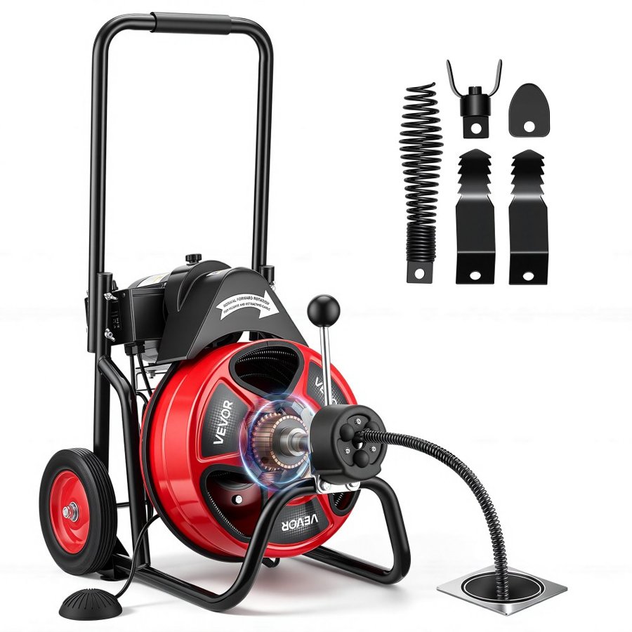 VEVOR Drain Cleaner Machine 30m x 9.5mm, Auto Feed Sewer Snake Auger on Wheels, Portable Drain Cleaning Machine with 4 Cutters & Air-activated Foot Switch for 50mm to 100mm Pipes