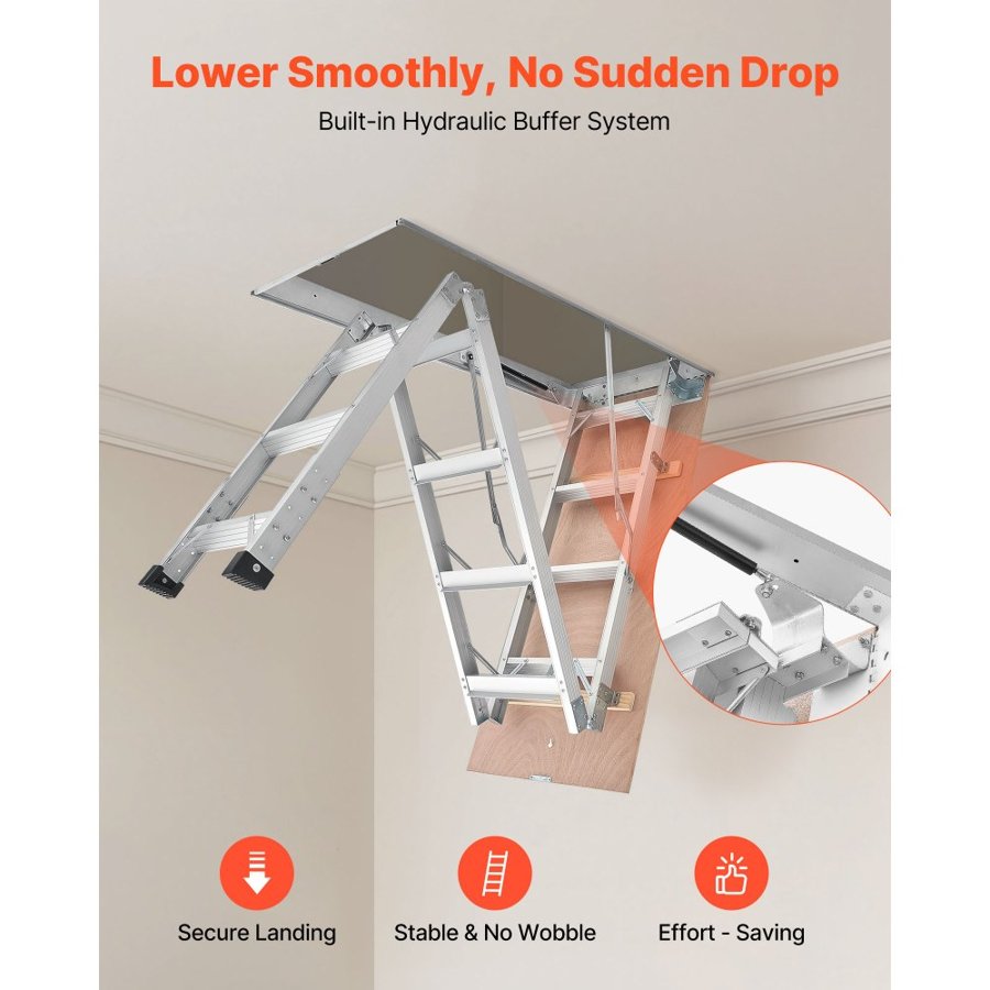 VEVOR Aluminum Attic Ladder, Fits 299-314 cm/233.5-299 cm Ceiling Height, 1372 x 572 mm Opening, 170 kg Load Capacity, Multi-Purpose Foldable Lightweight & Portable Attic Stairs for Convenient Access