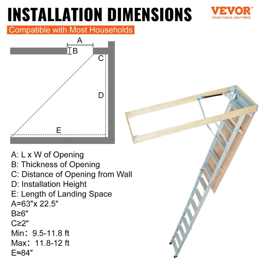 VEVOR Attic Ladder Foldable, 158.8 kg Capacity, 57.15 cm x 160 cm, Multi-Purpose Aluminium Extension, Lightweight and Portable, Fits 2.9m-3.7m Ceiling Heights, Convenient Access to Your Attic Standard