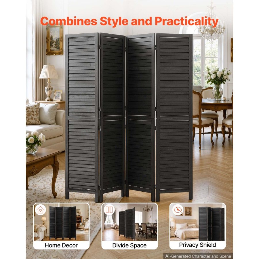 VEVOR Wood Room Divider 4 Panels 1702mm Wood Folding Privacy Screen Black, For Room Separation & Home Decor, Solid Frame, 360° Two-Way Hinges, Easy Assembly, Louvered Wooden Partition with Hardware