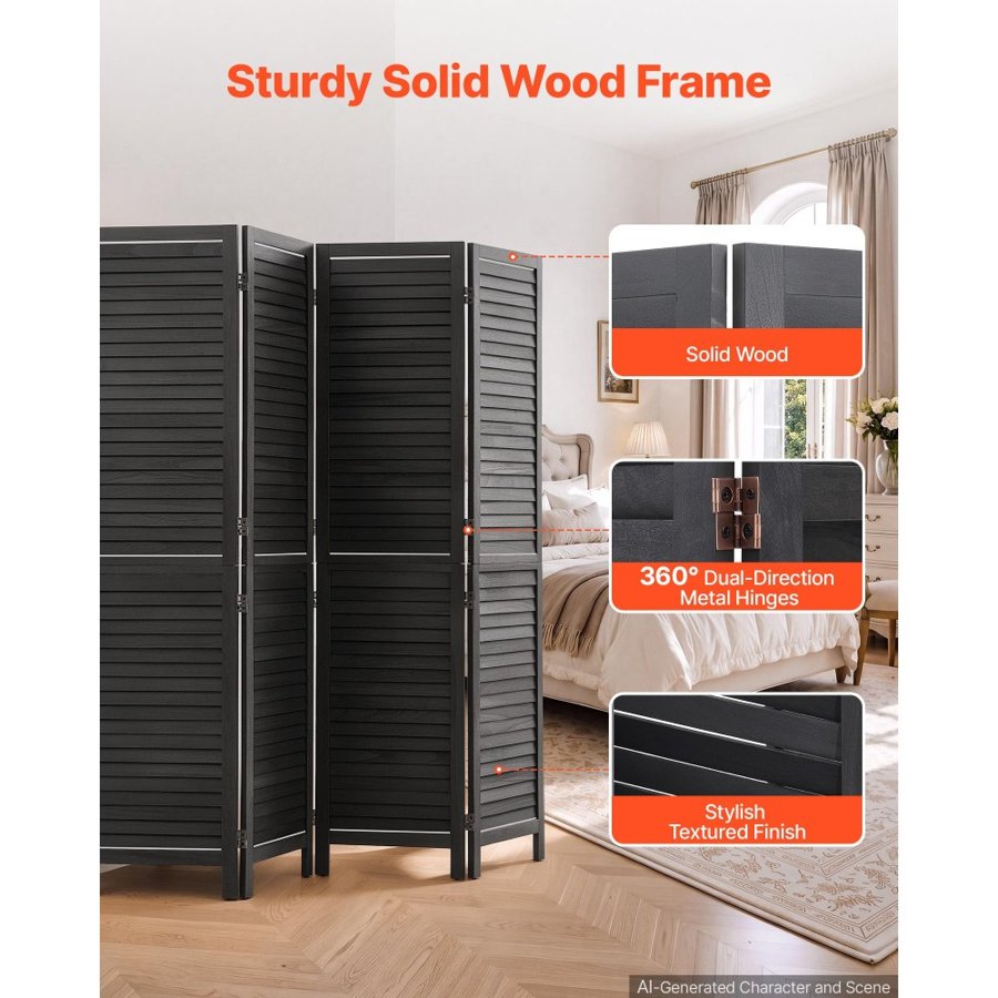 VEVOR Wood Room Divider 4 Panels 1702mm Wood Folding Privacy Screen Black, For Room Separation & Home Decor, Solid Frame, 360° Two-Way Hinges, Easy Assembly, Louvered Wooden Partition with Hardware
