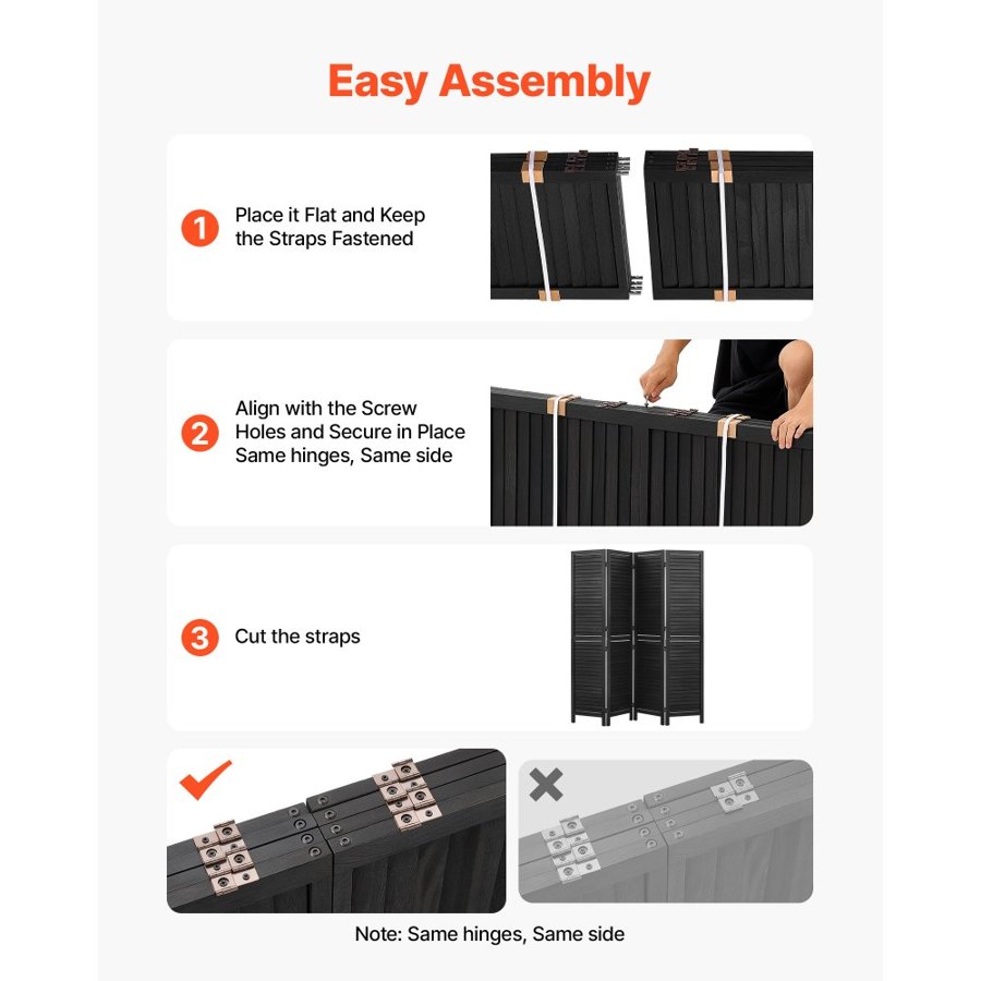 VEVOR Wood Room Divider 4 Panels 1702mm Wood Folding Privacy Screen Black, For Room Separation & Home Decor, Solid Frame, 360° Two-Way Hinges, Easy Assembly, Louvered Wooden Partition with Hardware